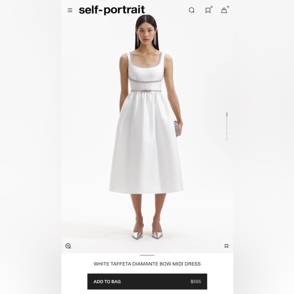 Self-Portrait White Taffeta Diamante Bow Midi Dress